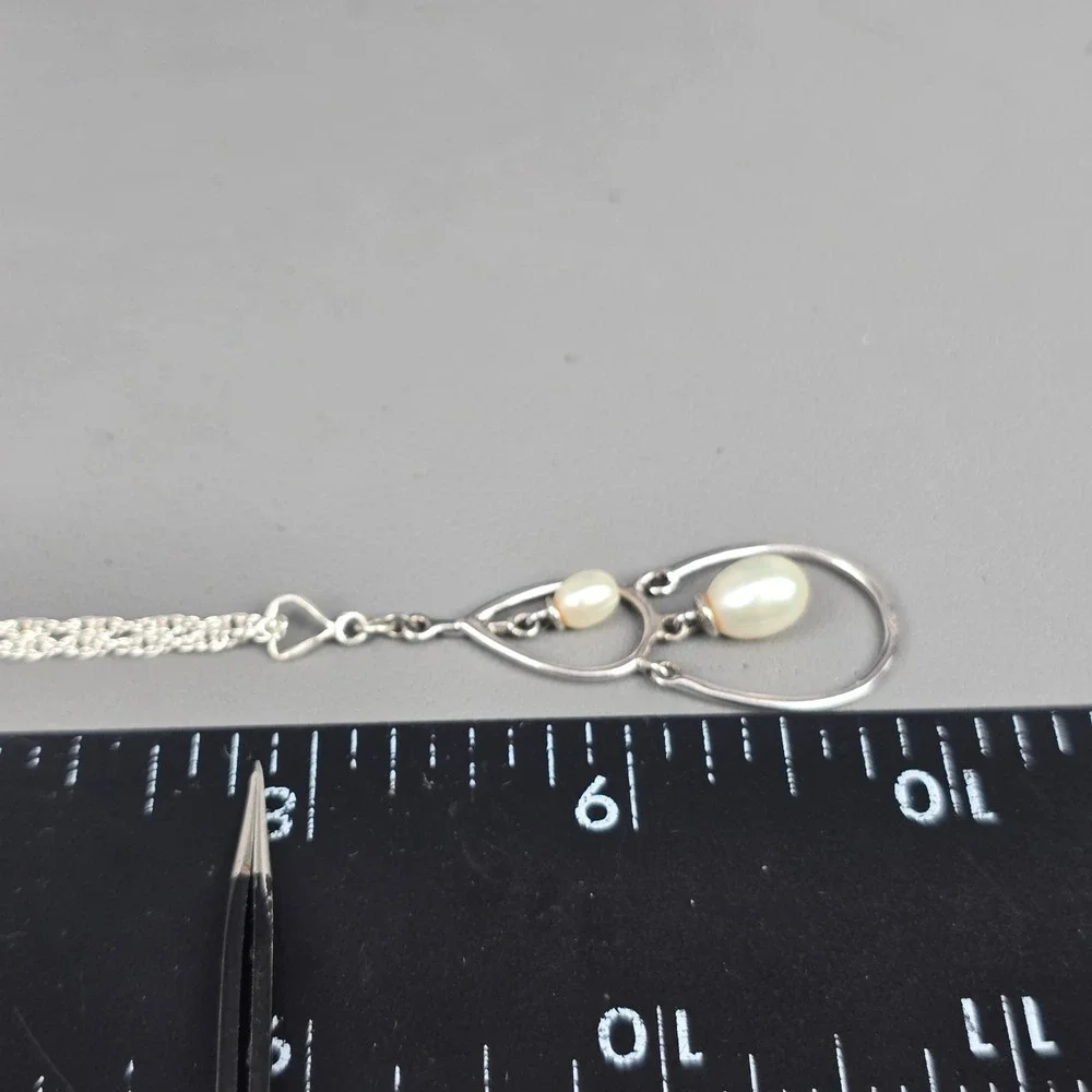 Sterling Silver 925 Double Teardrop Dangle Pearl Pendant Rope Chain Necklace 16